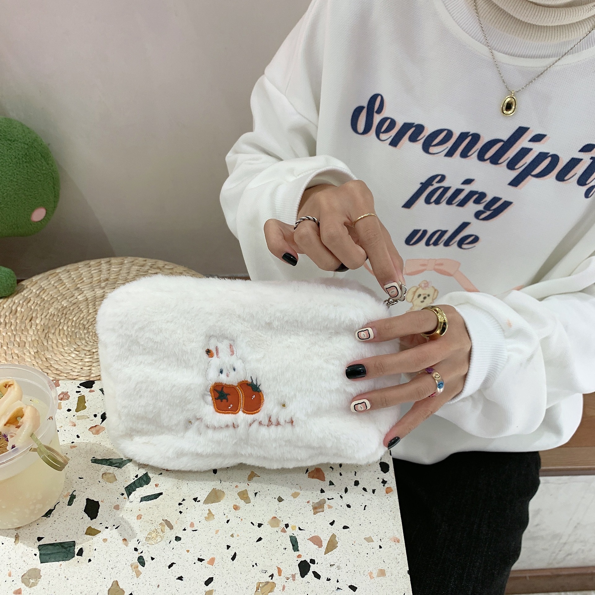 21154 Autumn and Winter plush makeup bag, flower rabbit, cute cartoon embroidered portable bag for women, soft little bag details Picture