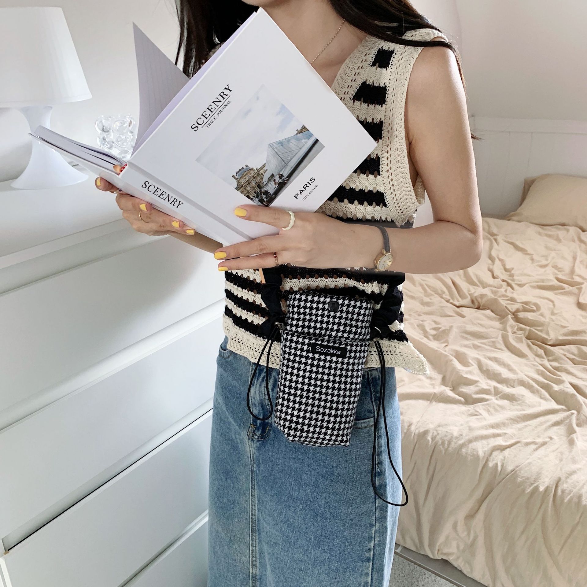 26193 Cute girl crossbody mobile phone bag, student coin purse, thousand bird check single-shoulder crossbody bag wholesale Item Picture