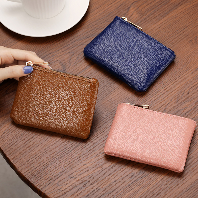 A new unisex simple zipper coin purse with lychee pattern, ultra-thin and short card, coin and key storage bag full figure