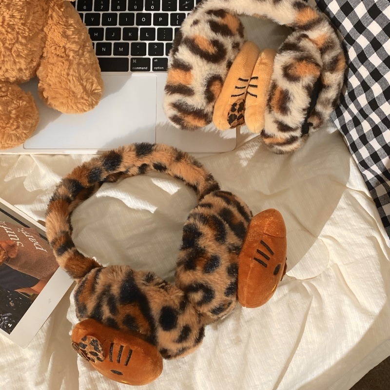 Hot girl leopard print cat ear masks for women, winter ear warmth, cycling frost and wind protection, ear warmth, ear cover, ear cap Item Picture
