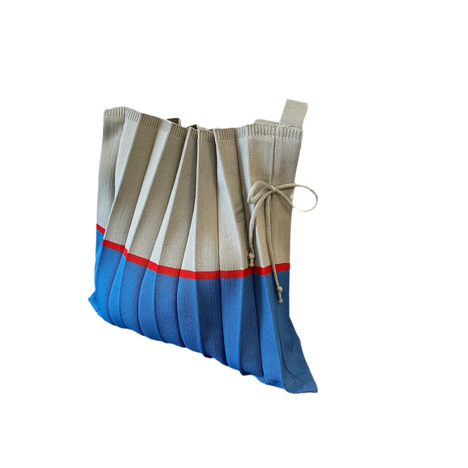 Korean-style pleated color-blocked single-shoulder bag, large-capacity tote bag for travel, color-blocked knitted drawstring bag, versatile and fashionable Item Picture