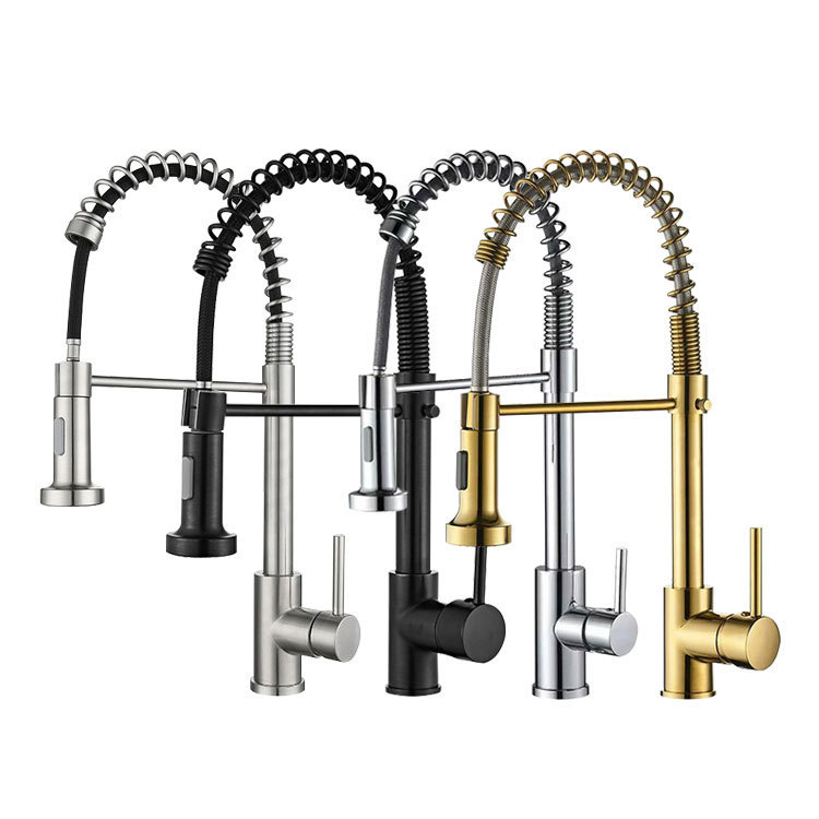 All-copper spring single-handle single-hole rotating faucet, kitchen sink, bathroom, brushed black electroplated low-pressure faucet full figure