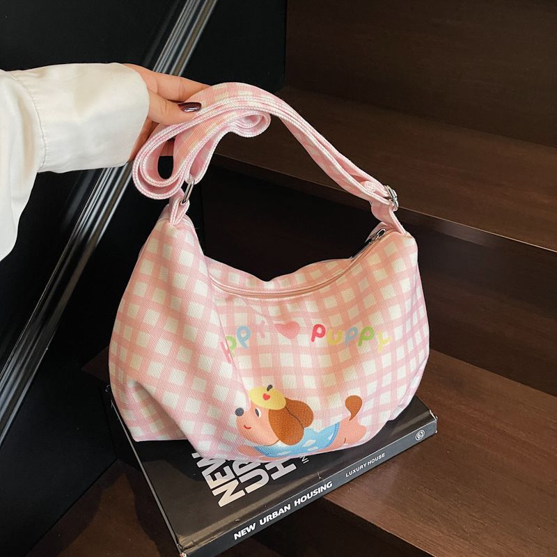 New cute Dachshund box checkered single-shoulder bag for girls, cartoon crossbody canvas bag for girls, and commuting bag for girls' classes details Picture