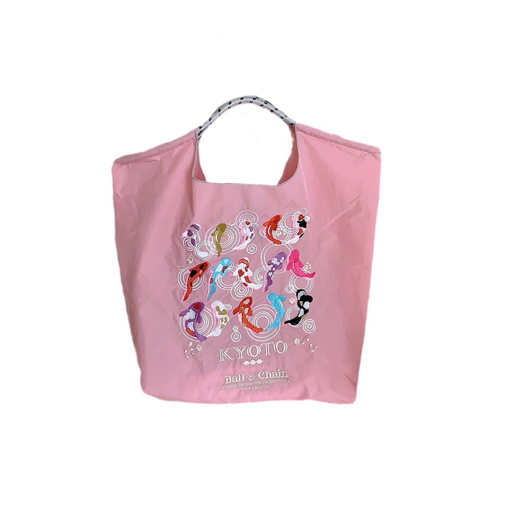 37231 Japanese ballchain donut embroidery shopping bag, a niche large-capacity nylon single-shoulder bag for commuting Item Picture