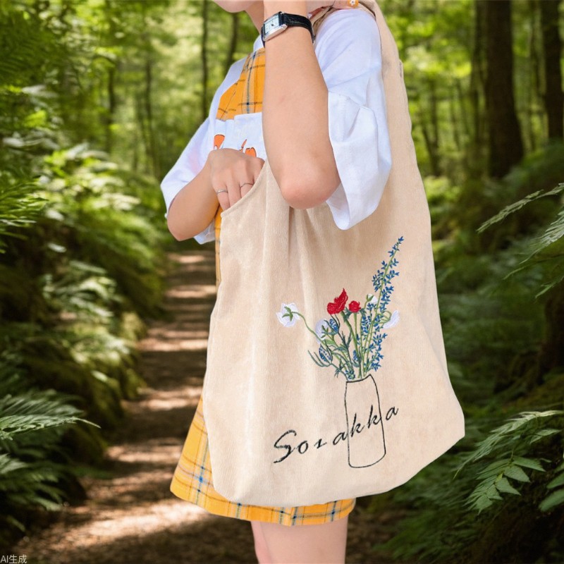 C58 Japanese chic super Fairy bag, ins corduroy embroidery forest girl style artistic hand-held cloth bag search source full figure