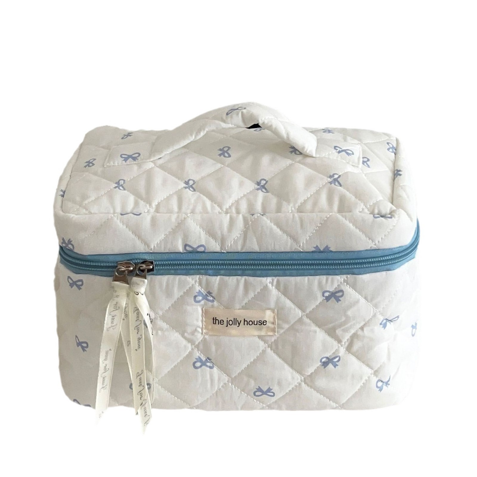Original! A creamy blue bow makeup bag for women, a portable large-capacity storage bag for cosmetics and toiletries when traveling Item Picture