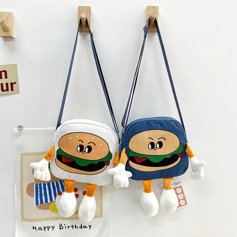 Japanese cartoon hamburger canvas small bag 2022 new Summer fashion, funny, ugly and cute Instagram single-shoulder crossbody bag details Picture