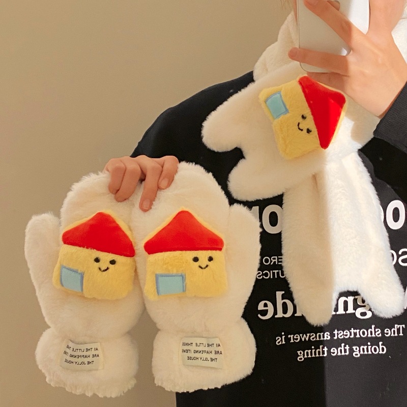 Original works are copyrighted! Cartoon House winter Warm gloves, student cycling warm fleece thickened plush gloves Specification drawing