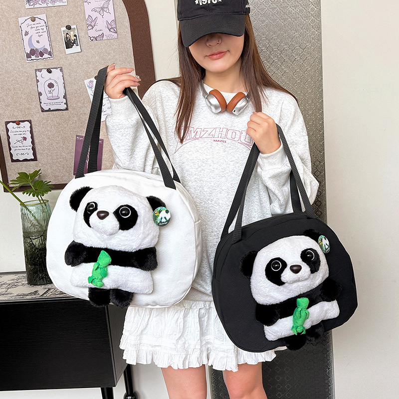 Korean cartoon, cute and girlish, plush red panda single-shoulder bag, large-capacity handbag for women, canvas bag for college students details Picture