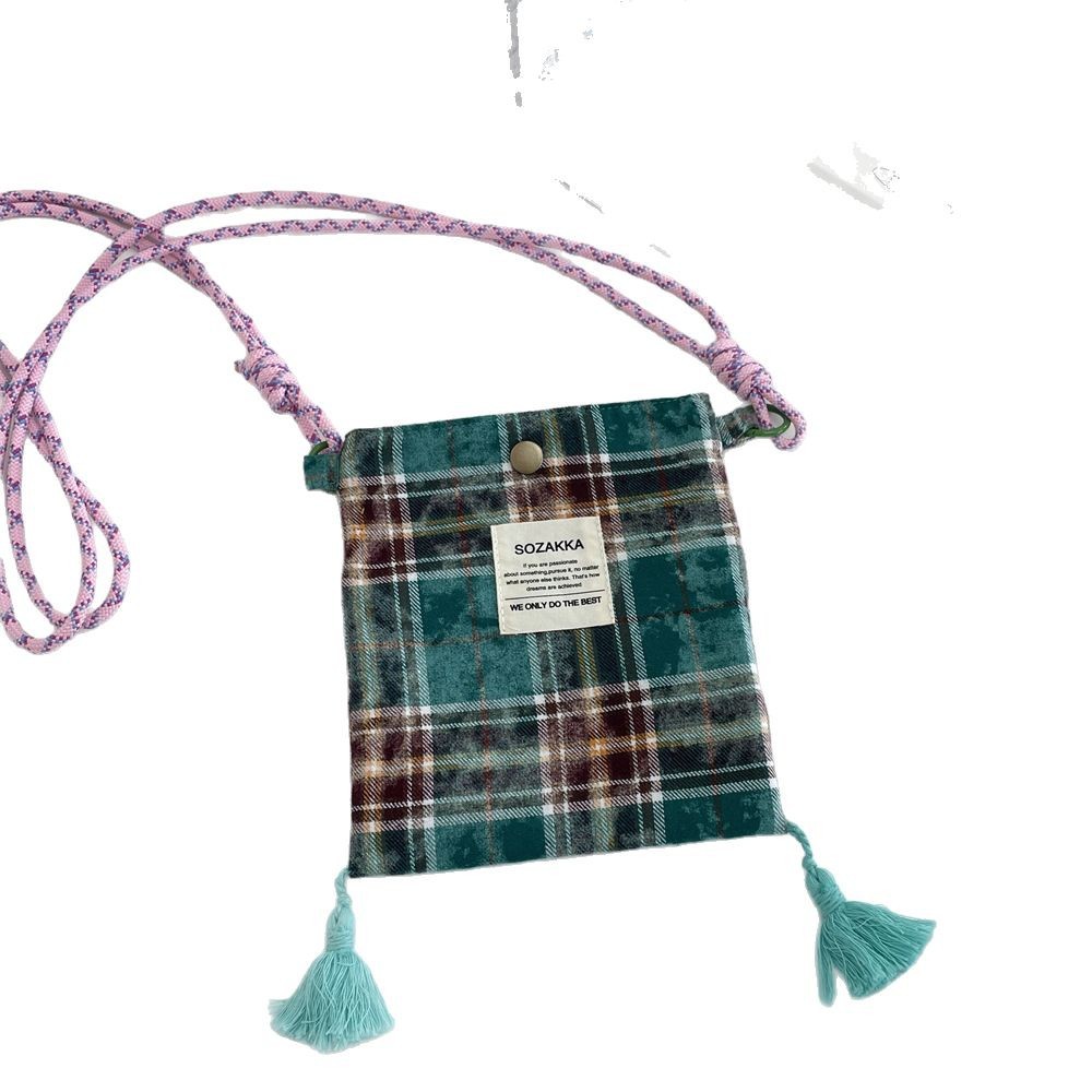 53234 Niche fringed mobile phone bag, Spring and Summer new single-shoulder crossbody small bag, strolling bag for enthusiasts, retro check pattern bag Item Picture