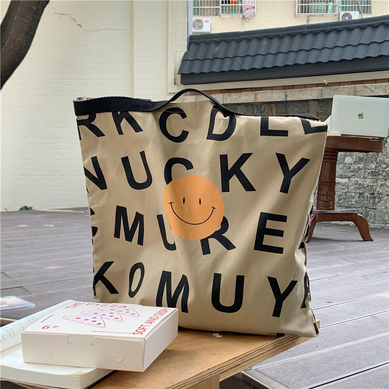 19152 Smiling face letter canvas bag, Korean-style ins girl single-shoulder bag, handbag, large capacity shopping bag, tote bag Application Scenario