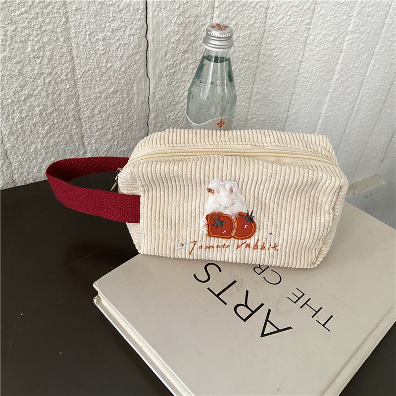 2264 Cute embroidered flower rabbit hand-held makeup bag, storage bag, portable travel toiletry bag, student ins pen case Item Picture
