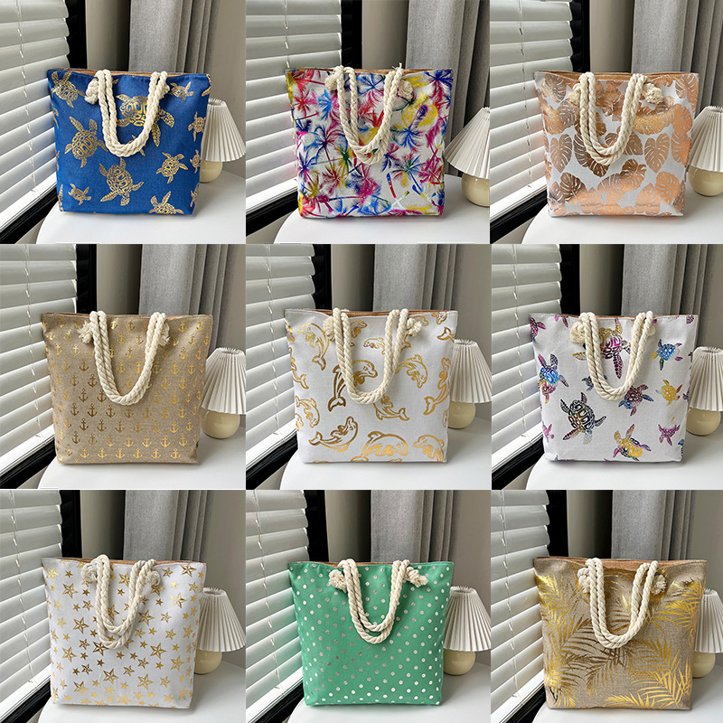 Tote bag Cross-border new commuter bag, women's imitation linen hot stamping process hand-held shoulder bag, middle-aged and elderly canvas bag full figure