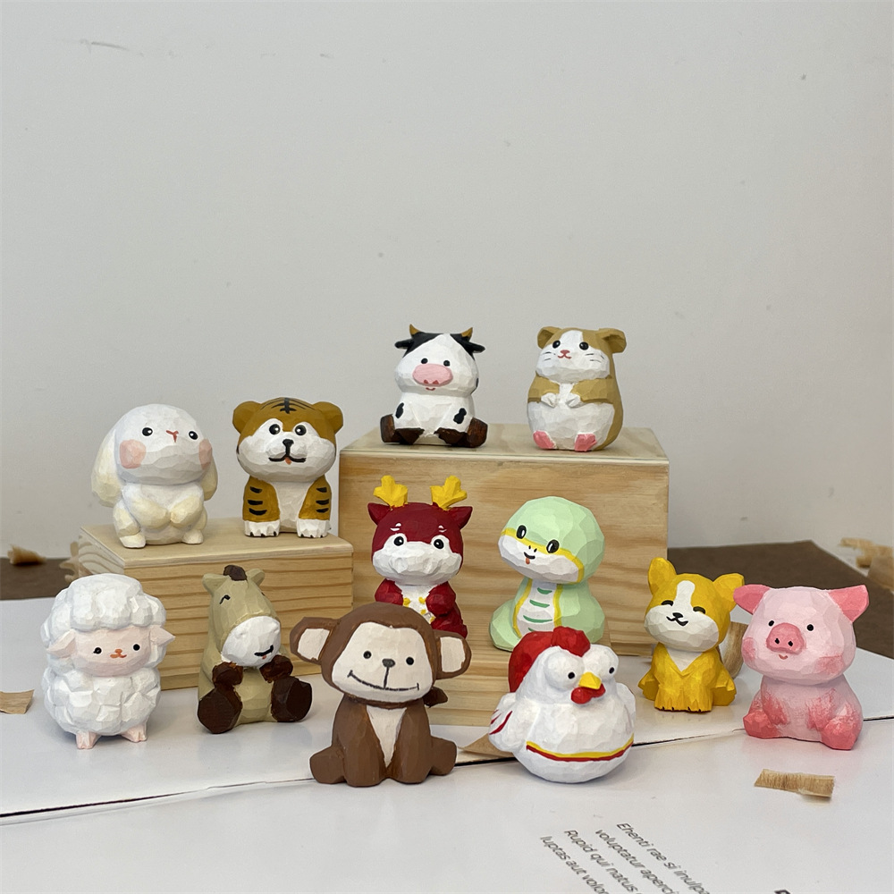 MXX41015 Wood-carved Chinese zodiac small office desk decoration, keychain, car pendant, small gift full figure
