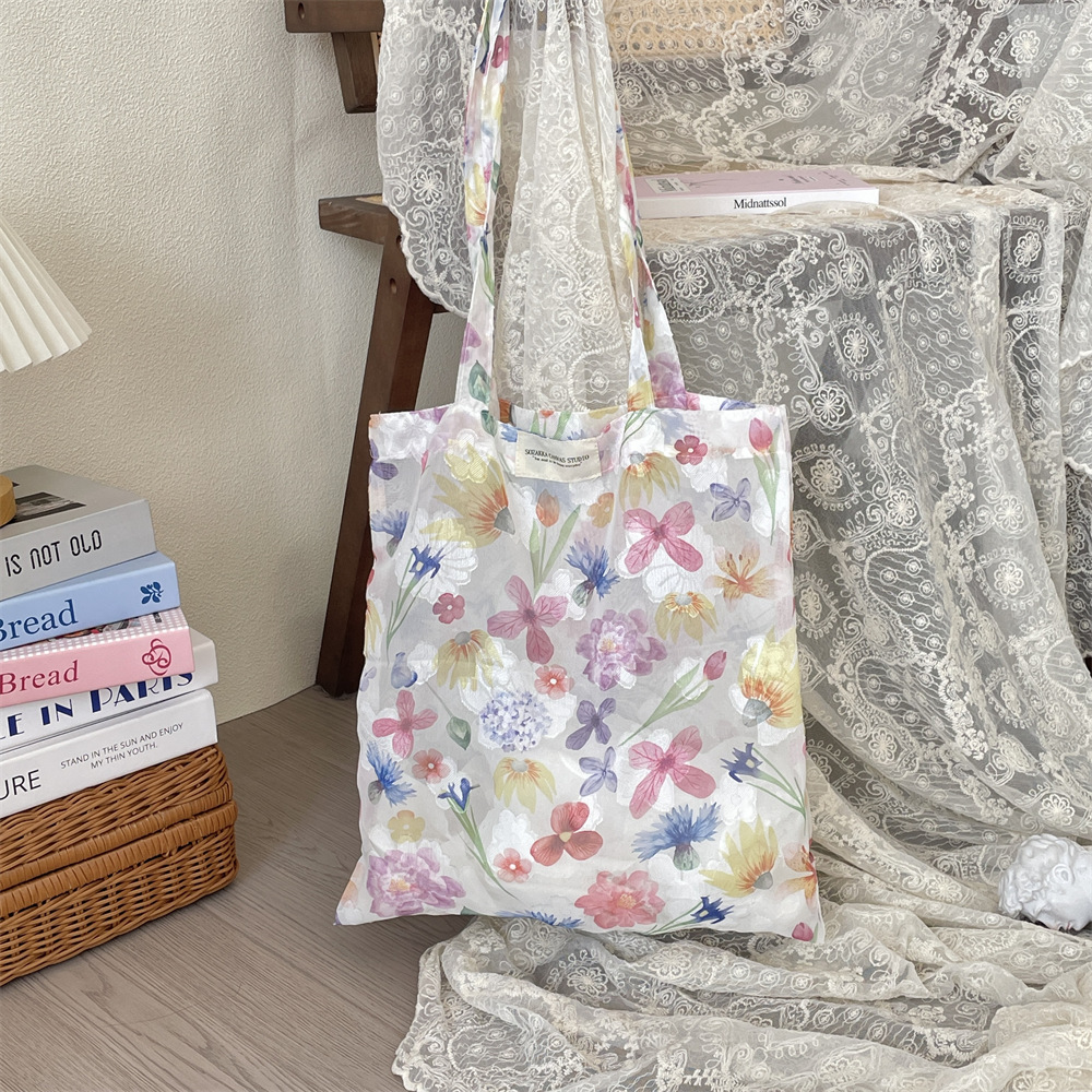 5381 Spring/Summer New mesh flower single-shoulder bag, thin fairy hand-held bag, large capacity vest bag Specification drawing