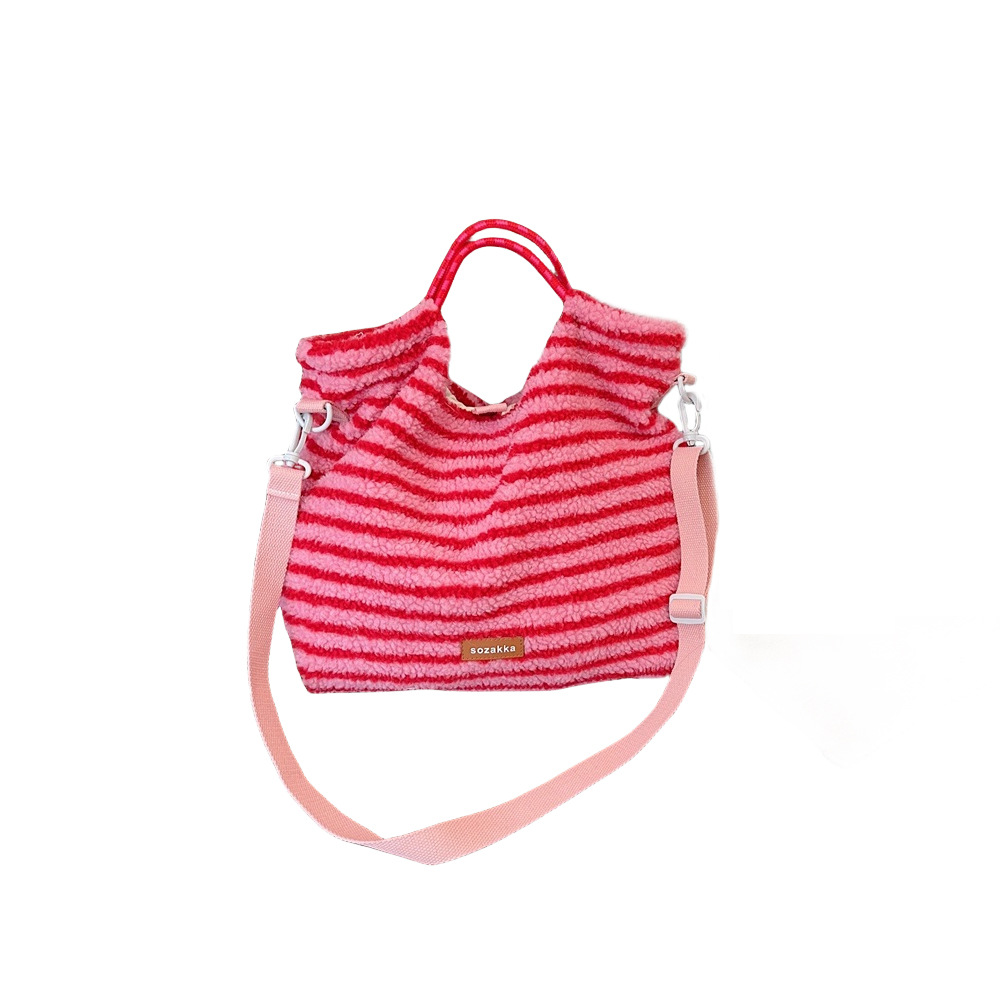 312181 Korean retro autumn and winter fashion striped fluffy student handbag, large-capacity single-shoulder crossbody bag Item Picture