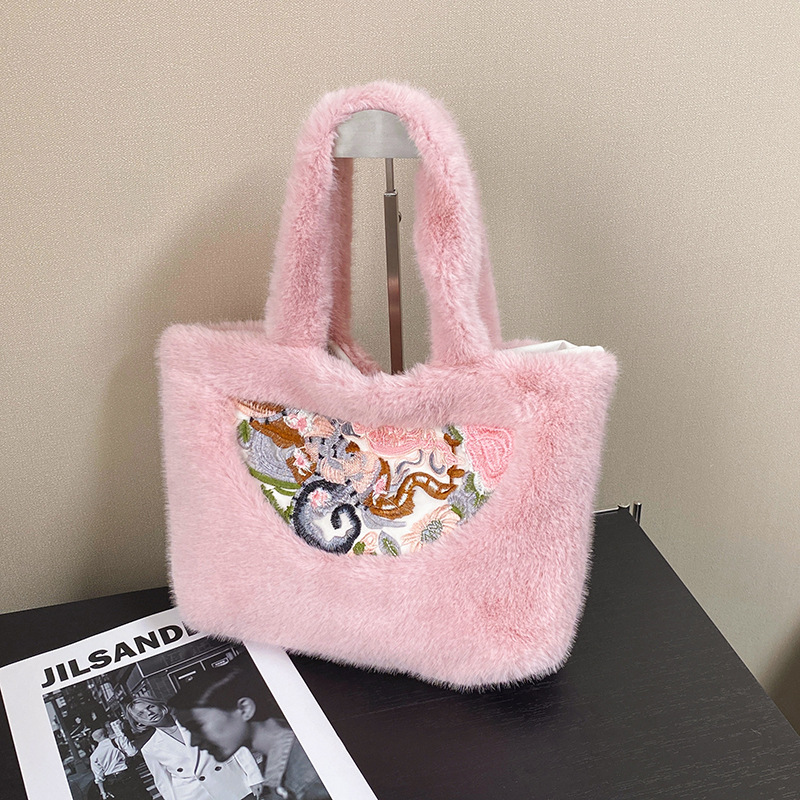 2024 Hand-held Chinese-style handbag, tote bag, embroidered autumn and winter loose change, new large-capacity plush single-shoulder style, stylish Specification drawing