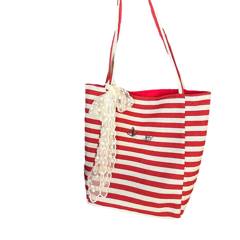 46111 Korean-style striped simple double-sided canvas bag 2024 Summer New large-capacity student shopping single-shoulder bag Item Picture