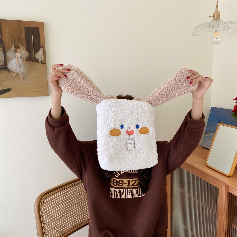 010293 Plush dog ear tote bag, embroidered handbag, autumn and winter student plush bento bag, cute style details Picture