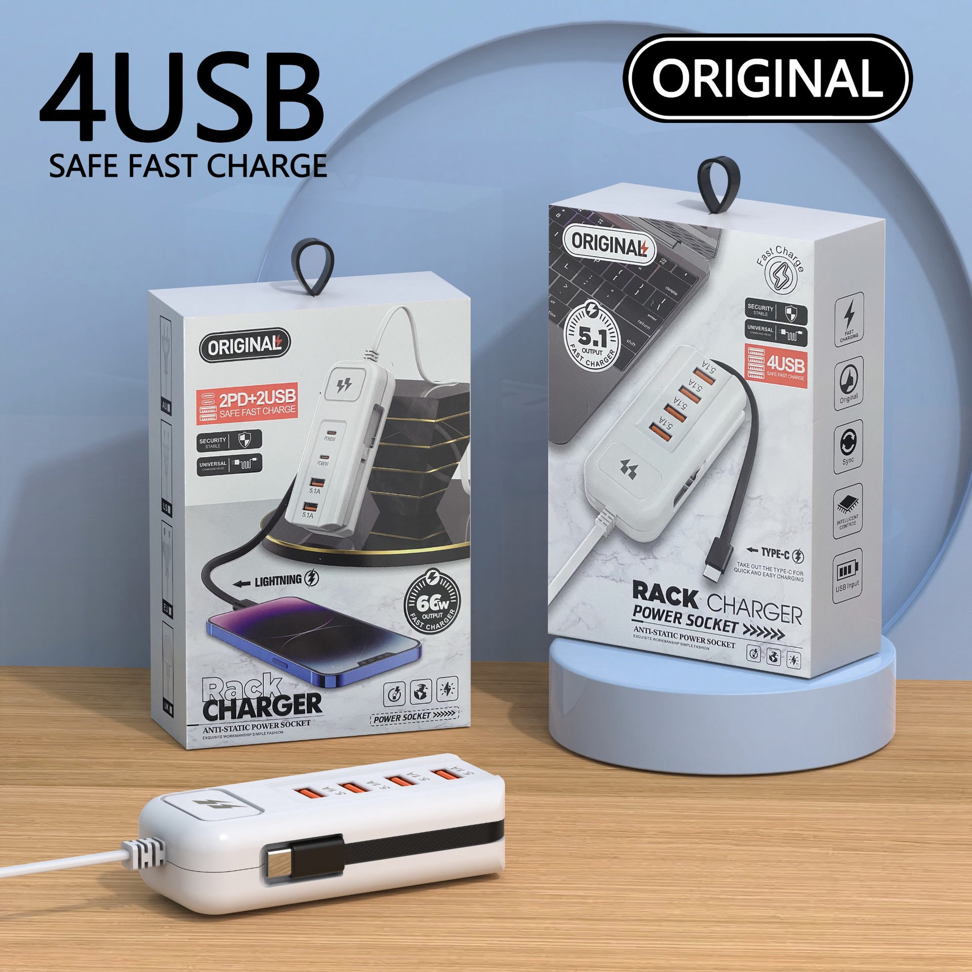 New power strip mobile phone 4usb charger, multi-port dual pd fast charging head, universal with type-c socket extension cable details Picture