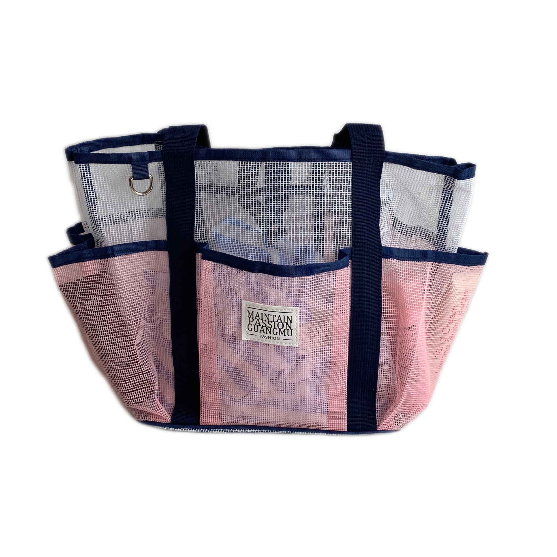 Mesh color-blocked swimming bag, multi-layered compartments travel beach bag, large-capacity portable vacation toiletry storage single-shoulder bag Item Picture
