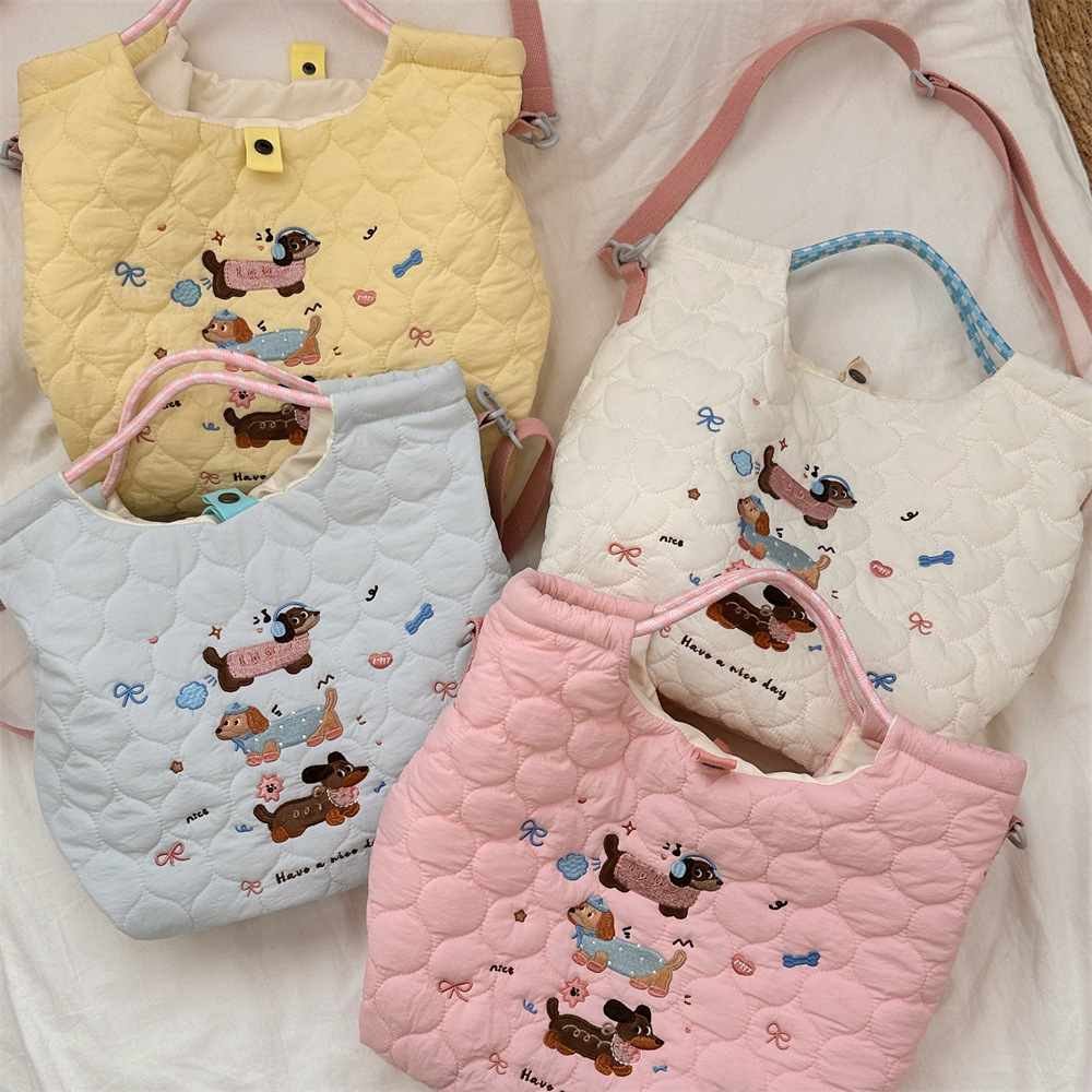 49272 cartoon-embroidered soft and cute crossbody bag, large-capacity single-shoulder handbag, quilted cotton commuting tote bag details Picture
