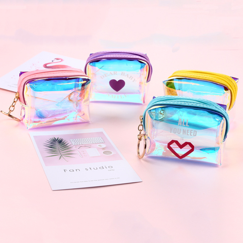 ins girl Heart transparent laser coin purse, Korean version square octagonal data cable bag, female Internet celebrity jelly coin purse full figure