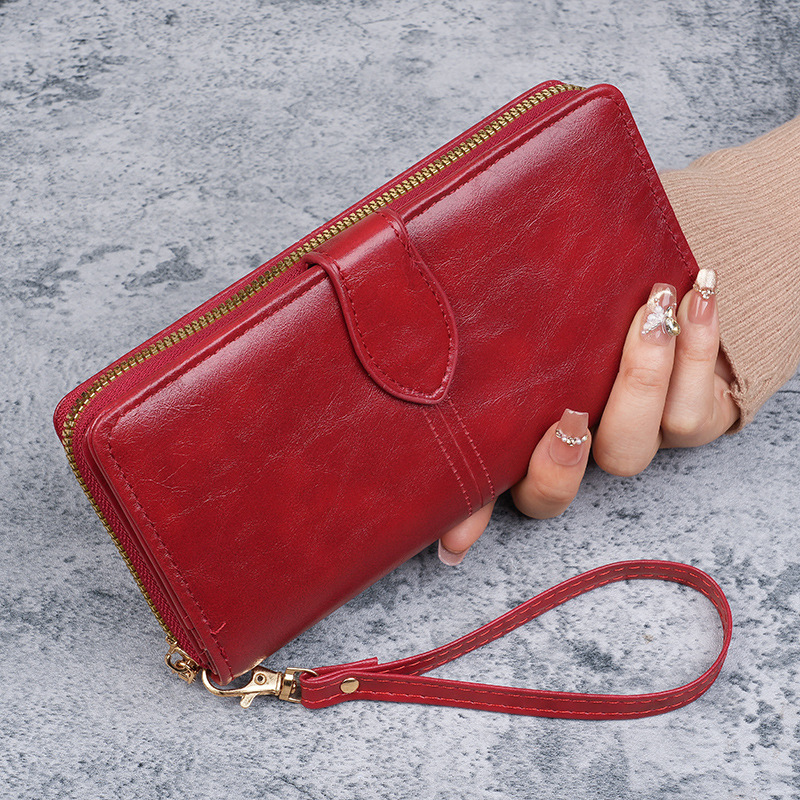 Portable multi-slot men's wallet, money bag, oil wax leather, retro long wallet, large-capacity women's mobile phone case full figure