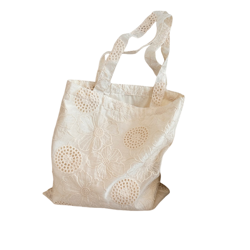 49261 French Artistic hollowed-out embroidery single-shoulder bag, large-capacity canvas vest bag, gentle and elegant tote bag Item Picture