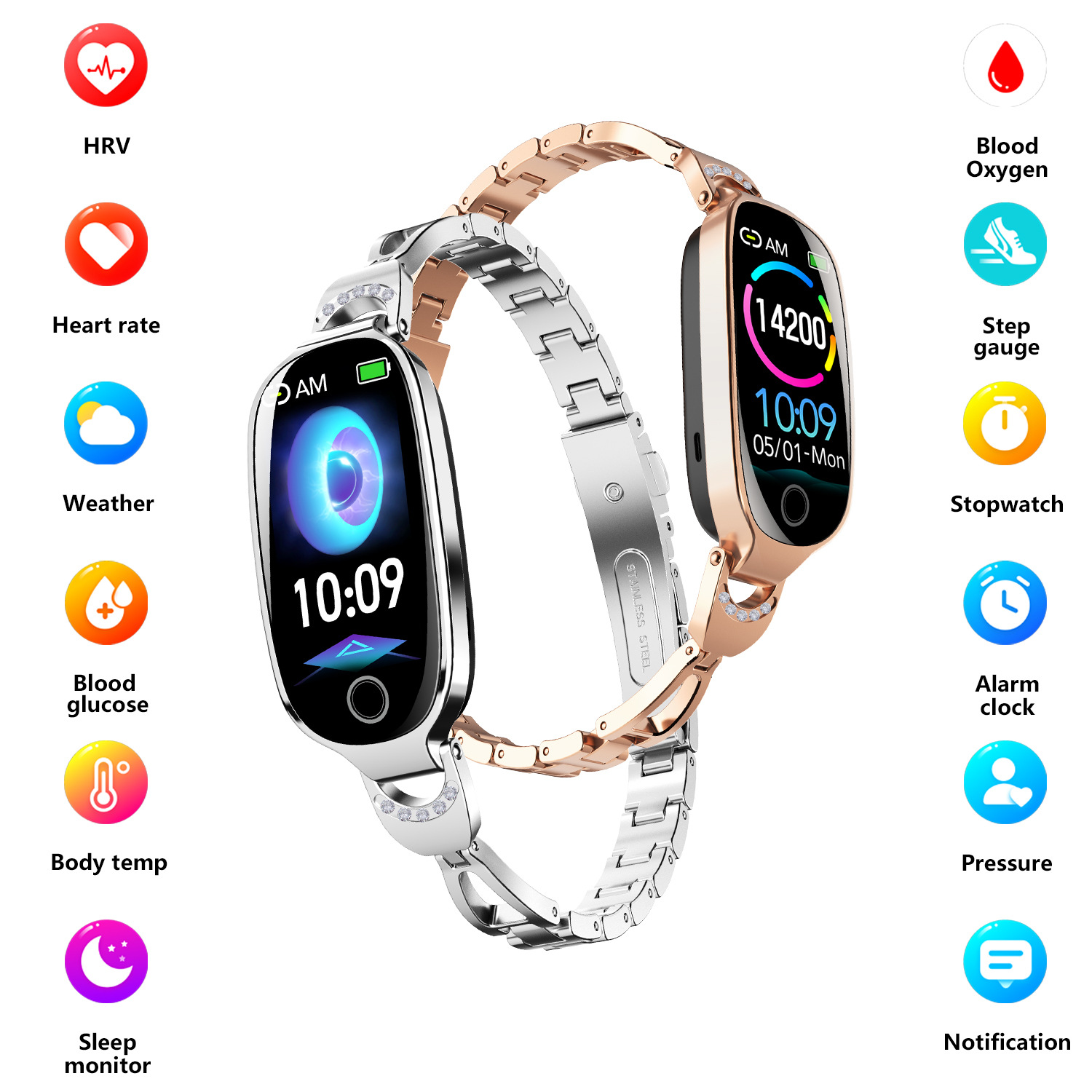 The new product F81 women's smartwatch is a non-invasive blood glucose, blood oxygen, blood pressure, body temperature and heart rate monitoring fitness step-counting wristband details Picture