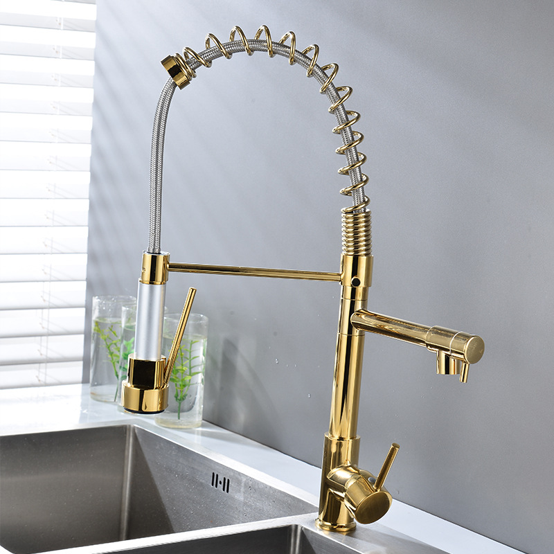 Cross-border spring pull-out kitchen faucet, hot and cold sink, dishwashing and vegetable basin, rotatable dual water outlet anti-splash faucet details Picture