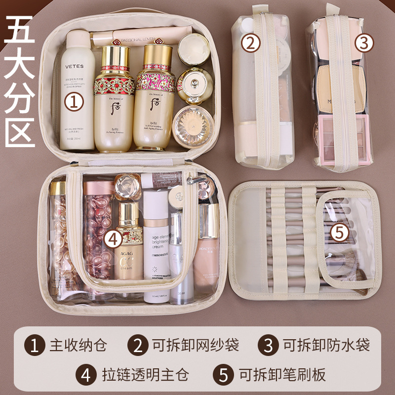 Cross-border five-in-one multi-functional zoned storage PU cosmetic bag with large capacity and high-end feel, hand-held cosmetic storage bag details Picture