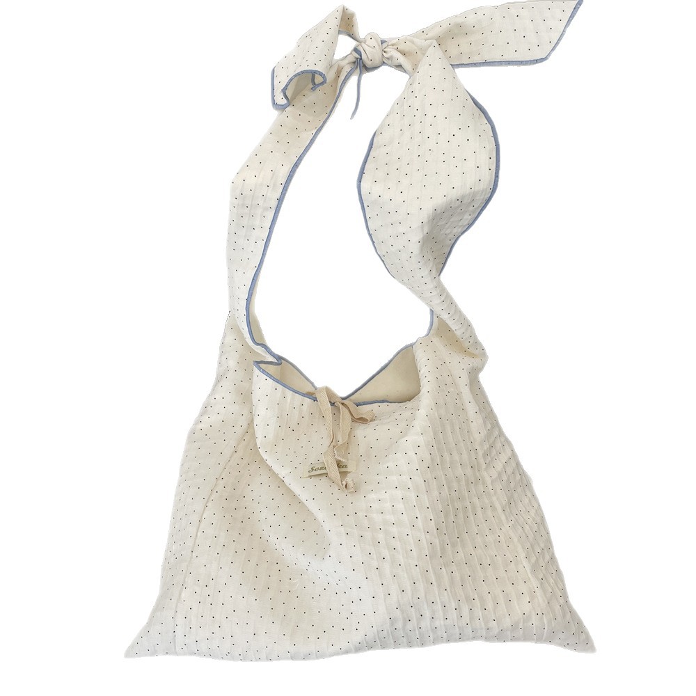 4711 Textured pleated polka dot single-shoulder crossbody bag, fresh and versatile canvas bag, adjustable lace-up cloth bag for women Item Picture