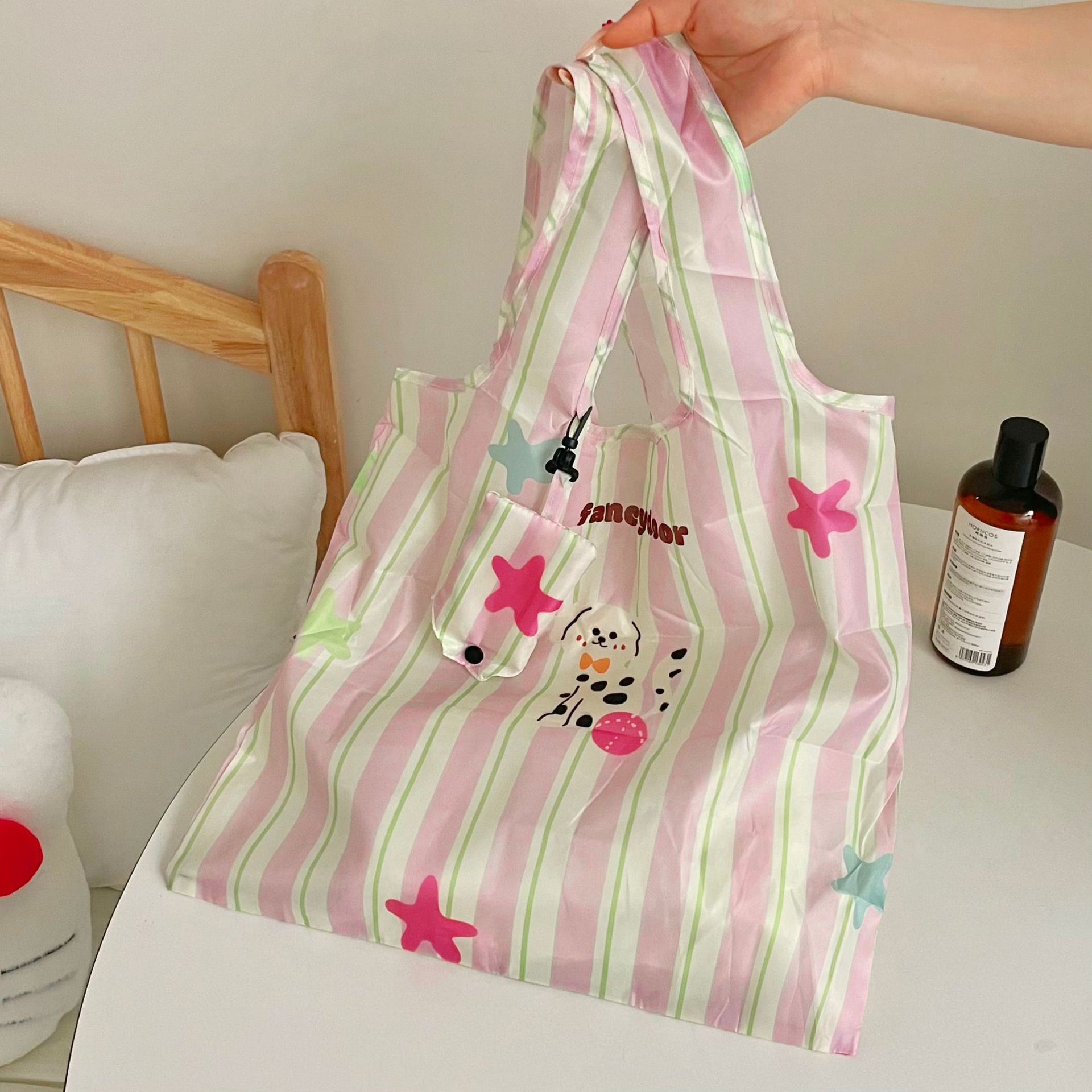 Portable shopping bag with ins style cartoon pattern, large capacity, foldable, waterproof, thickened shopping menu shoulder bag Application Scenario