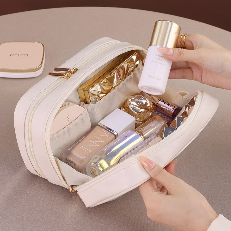 Cross-border high-end French double-layer makeup bag, portable large-capacity hand-held cosmetics storage bag, zoned toiletry bag details Picture