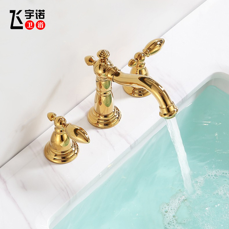 European-style brass double-handle split three-hole faucet washbasin, cold and hot water faucet, light luxury, golden washbasin, retro style Specification drawing