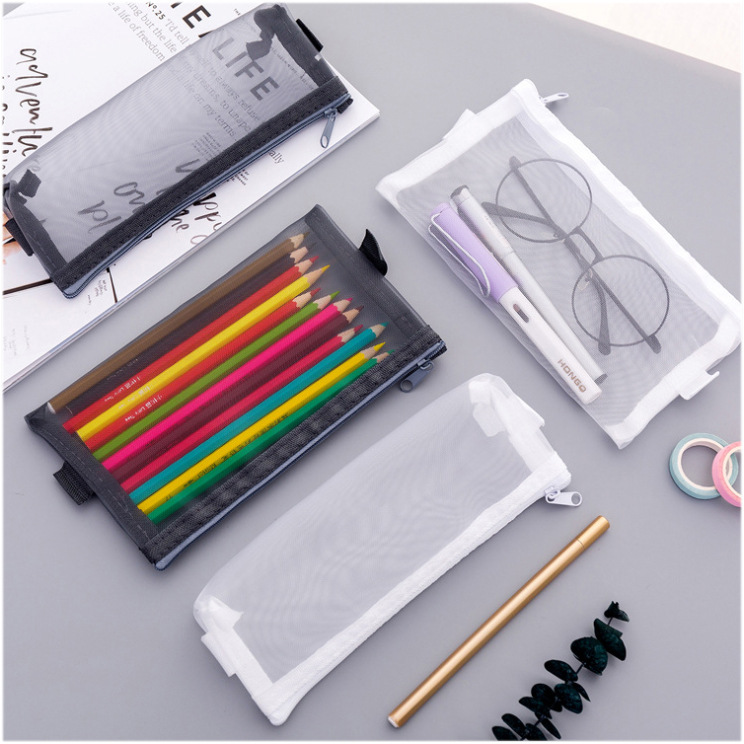 Simple and transparent mesh pen case storage bag, portable pen case for students' exams, large-capacity stationery bag wholesale full figure