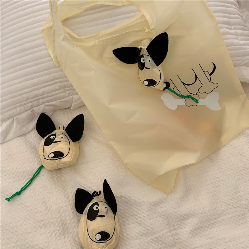 Ins-style simple cartoon dog foldable shopping bag, portable large-capacity eco-friendly garbage bag handbag Item Picture
