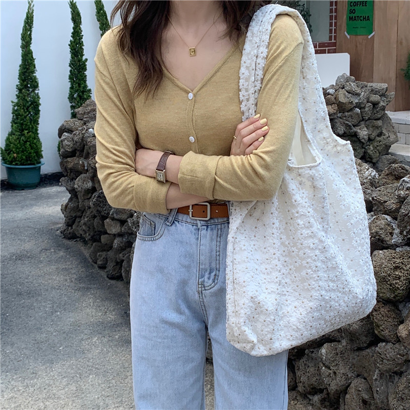 17161 canvas bag, simple floral lace single-shoulder bag, handbag bag, women's vest bag, women's cherry blossom details Picture