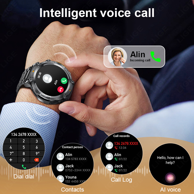 LIGE/ New S100 outdoor smartwatch Bluetooth call flashlight information push sports waterproof watch Specification drawing
