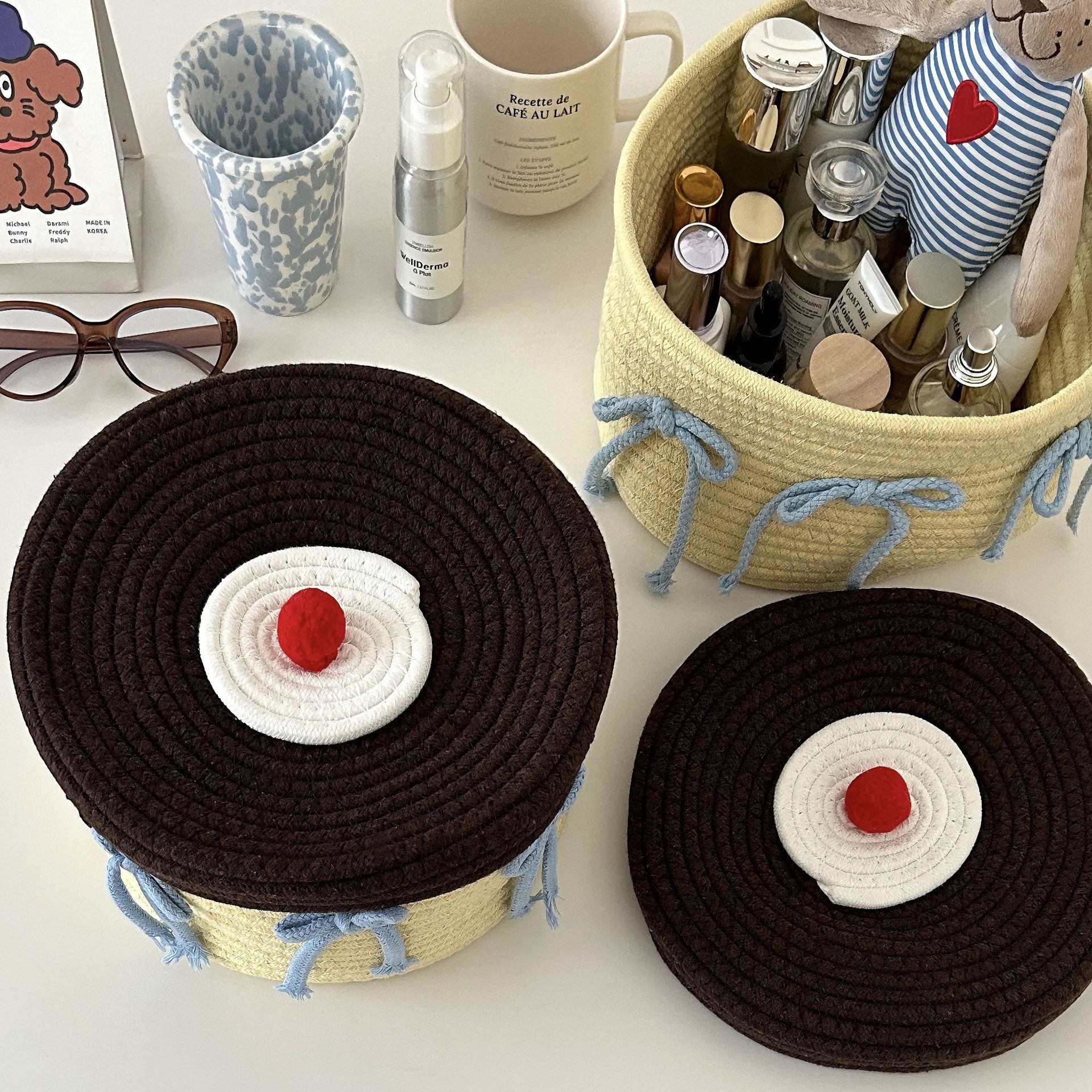 Home covered storage basket, desktop storage box, ins hand-woven storage basket, cotton rope, bedroom basket, round Specification drawing