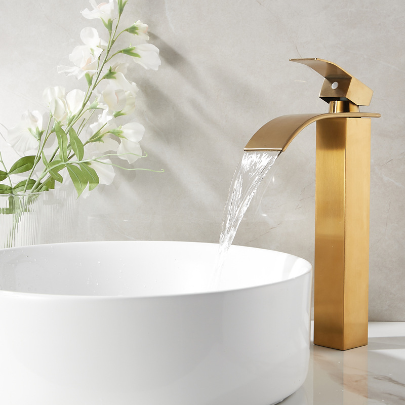 Ousha Pai flat mouth Waterfall faucet, dial faucet, brushed gold faucet, under-dial and up-dial faucet details Picture
