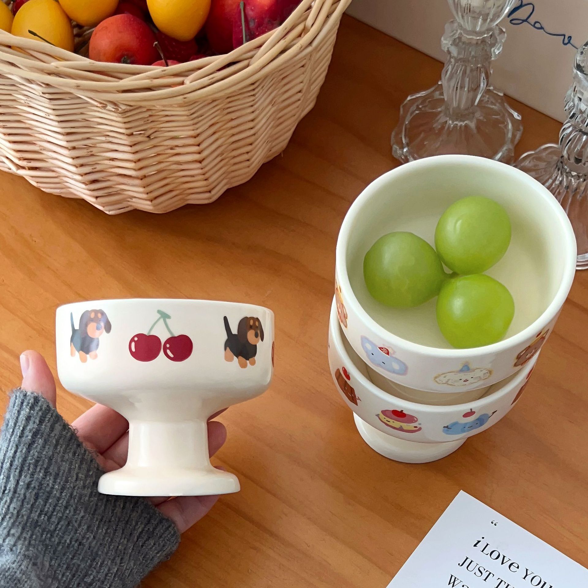 Cute ~ InS-style Korean cream ceramic highball cup, cartoon matte ice cream bowl, home fruit salad bowl Application Scenario