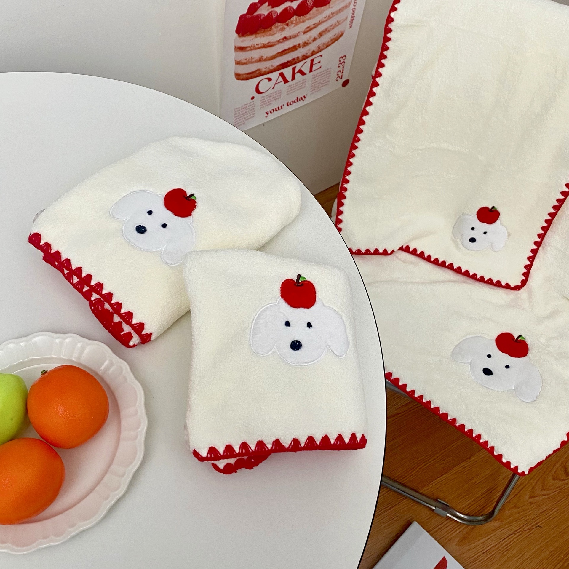 Cute apple puppy bath towel for girls 2025 New style coral fleece wrap towel, water-absorbing and quick-drying student dormitory face wash towel details Picture