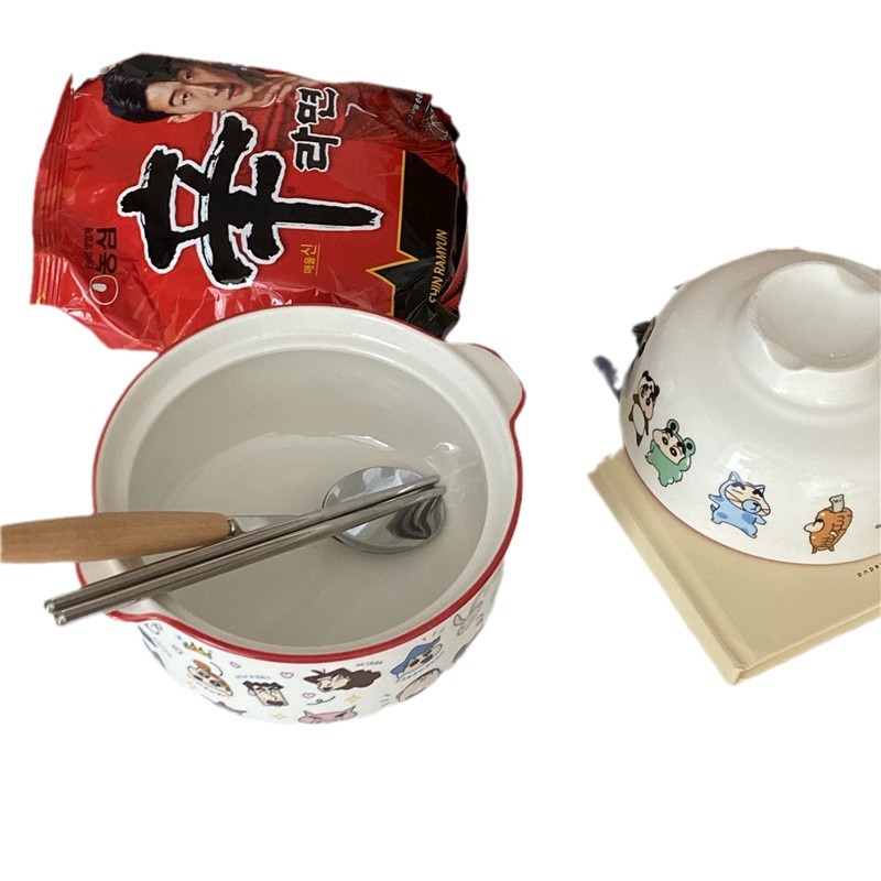 Ins-style cute cartoon instant noodle bowl with lid, large-capacity Japanese girlish ceramic bowl, breakfast bowl, household tableware Item Picture