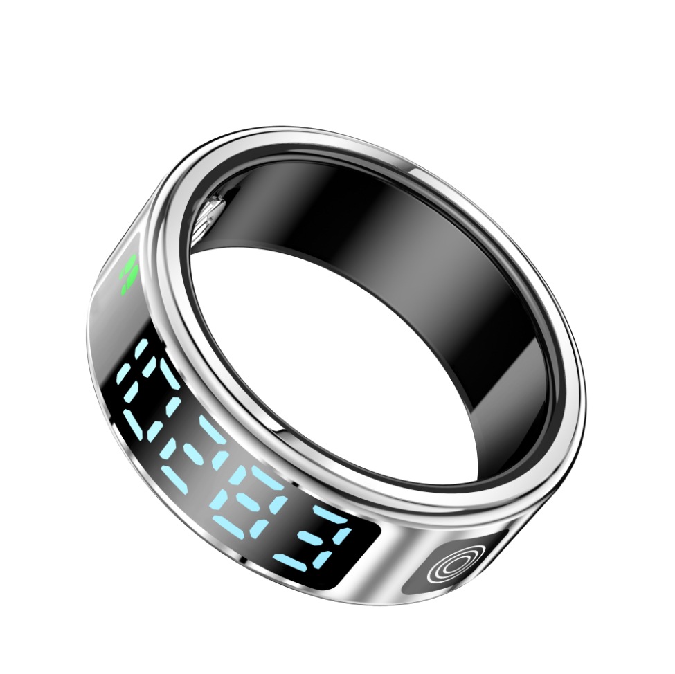 The SR08 smart ring features a display screen, touch charging dock, page-turning, photo-taking, heart rate, blood oxygen, and sleep functions full figure