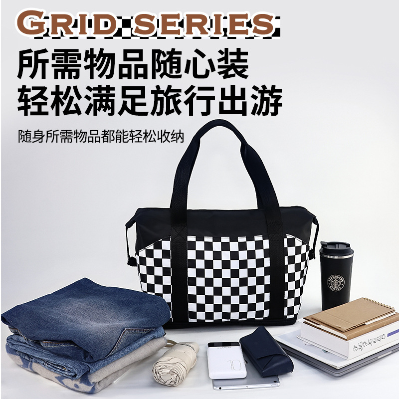 New lightweight waterproof storage bag, checkered travel bag, storage luggage bag, fitness hand-held bag, large capacity for business trips and travel Application Scenario