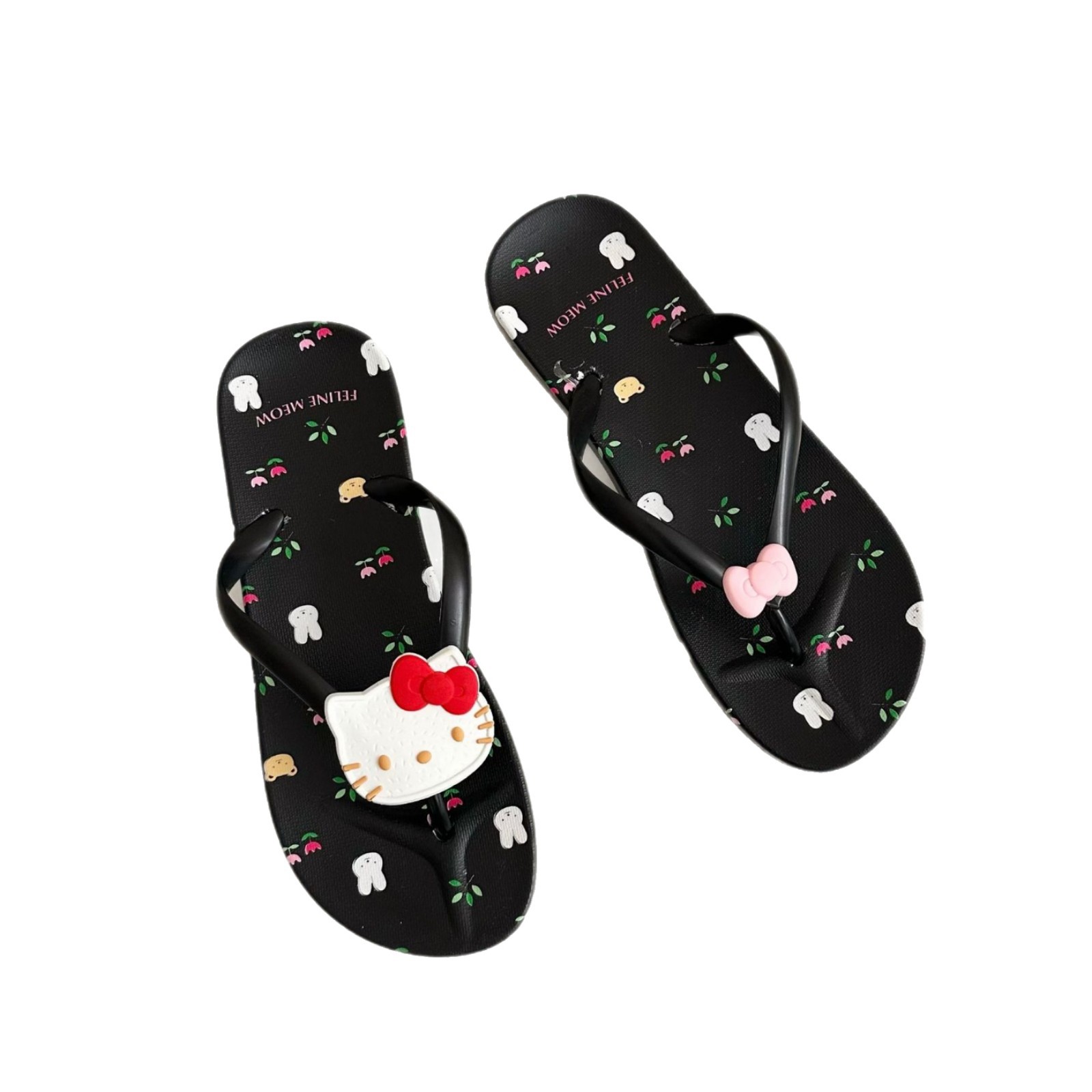 Bow cat-printed herringbone slippers for women, sweet summer style beach slippers, flip-flops, and flat shoes for outerwear Item Picture