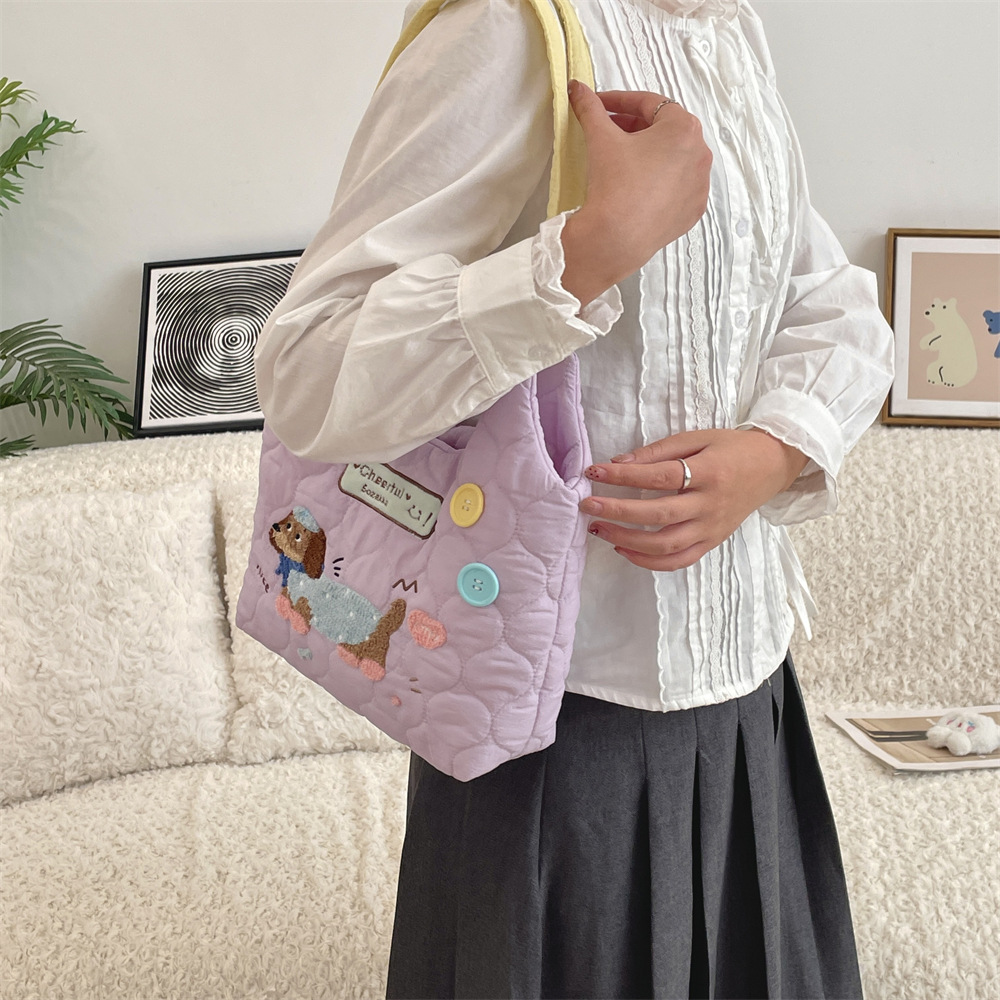 411231 Laid-back style student class backpack, cute embroidered puppy color-blocking single-shoulder bag, large-capacity tote bag details Picture