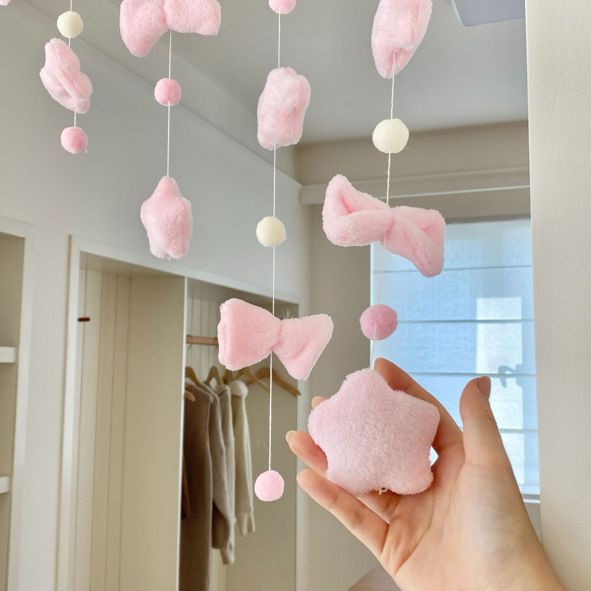 The pink planet door curtain hanging decoration is cute and girlish, with a high level of appearance. It is a female curtain wall decoration that does not require drilling Application Scenario